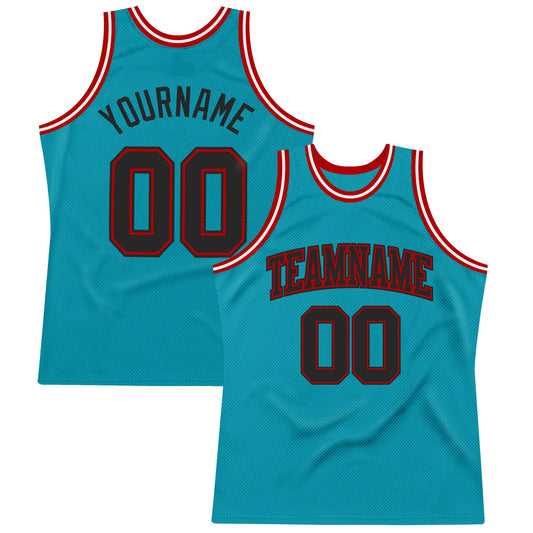 Custom Teal Black-Red Authentic Throwback Basketball Jersey - Sky-Custom