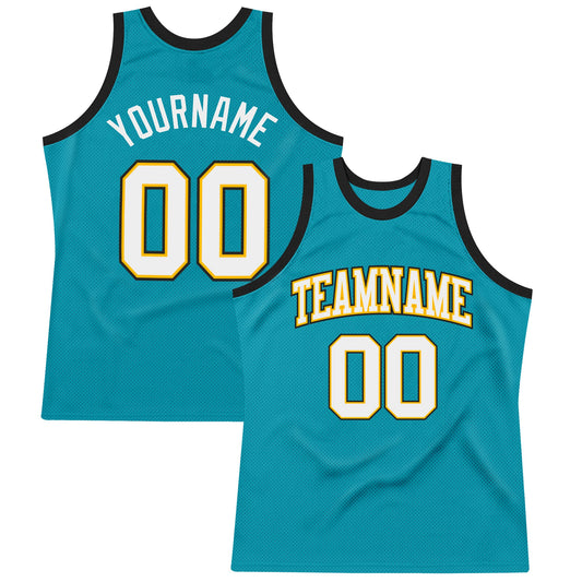 Custom Teal White Gold-Black Authentic Throwback Basketball Jersey - Sky-Custom