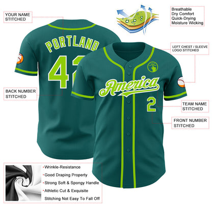 Custom Teal Neon Green-White Authentic Baseball Jersey - Sky-Custom