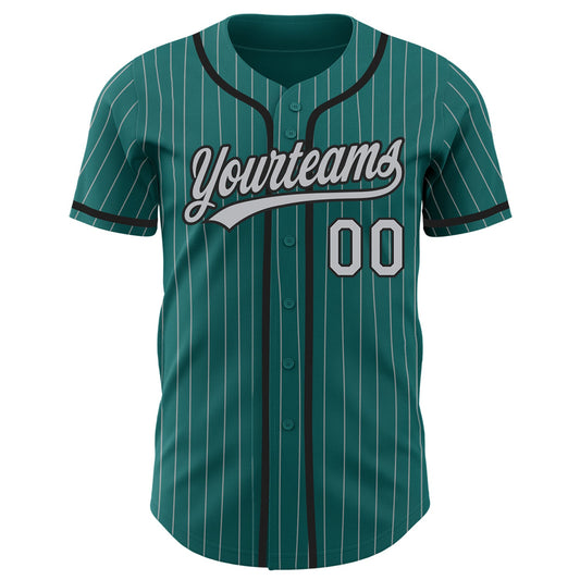Custom Teal Gray Pinstripe Black Authentic Baseball Jersey - Sky-Custom