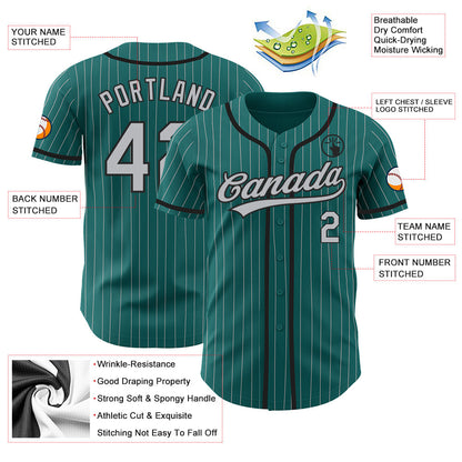 Custom Teal Gray Pinstripe Black Authentic Baseball Jersey - Sky-Custom
