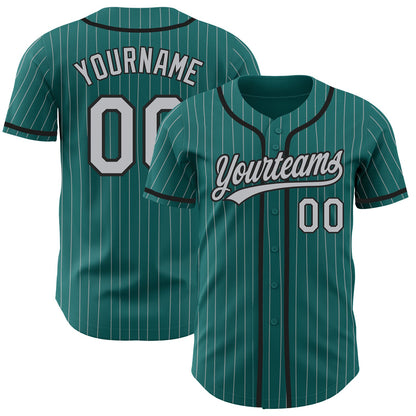 Custom Teal Gray Pinstripe Black Authentic Baseball Jersey - Sky-Custom
