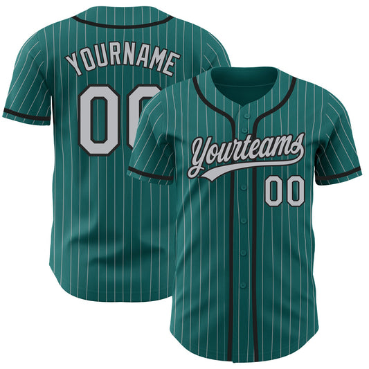 Custom Teal Gray Pinstripe Black Authentic Baseball Jersey - Sky-Custom