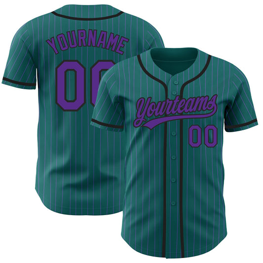 Custom Teal Purple Pinstripe Black Authentic Baseball Jersey - Sky-Custom