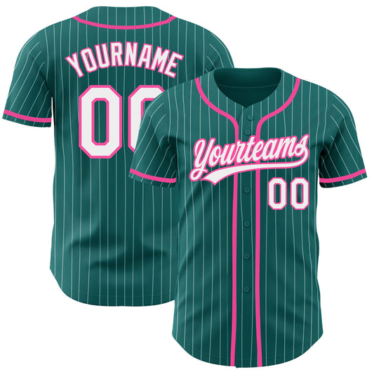 Custom Teal White Pinstripe Pink Authentic Baseball Jersey - Sky-Custom