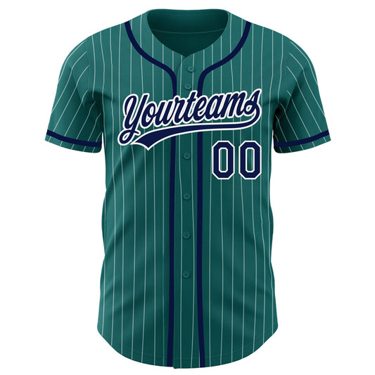 Custom Teal White Pinstripe Navy Authentic Baseball Jersey - Sky-Custom
