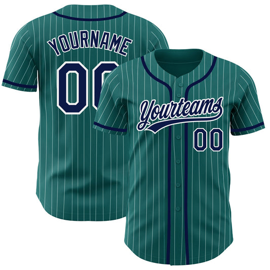 Custom Teal White Pinstripe Navy Authentic Baseball Jersey - Sky-Custom