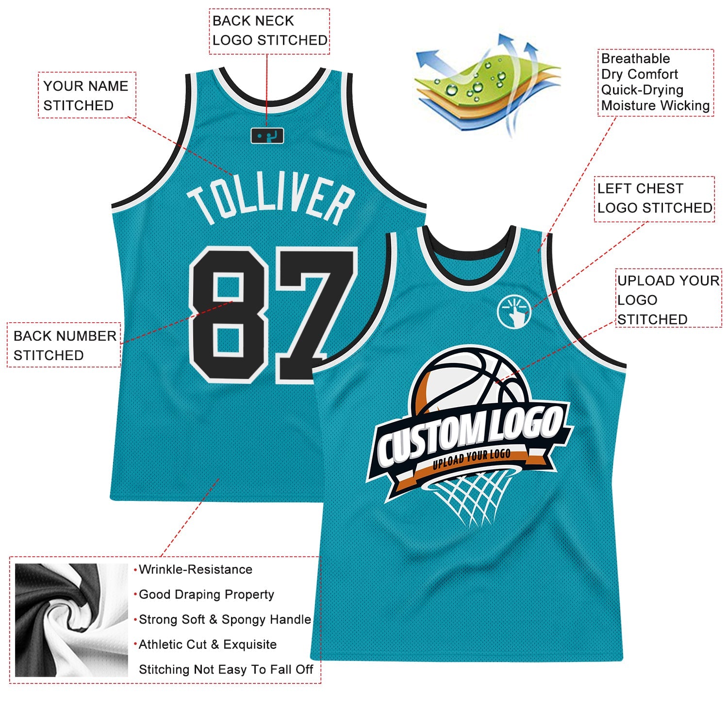 Custom Teal Black-White Authentic Throwback Basketball Jersey - Sky-Custom