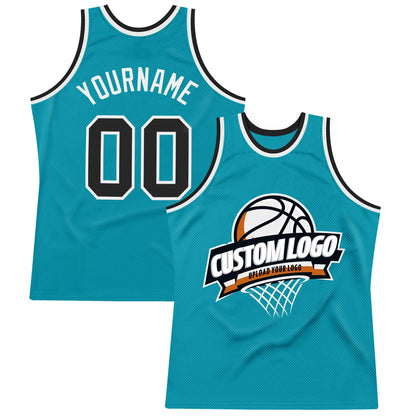 Custom Teal Black-White Authentic Throwback Basketball Jersey - Sky-Custom