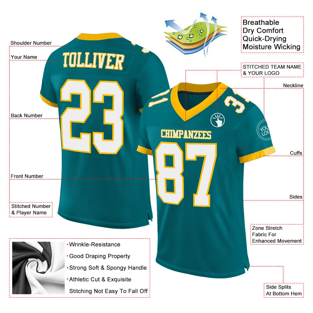 Custom Teal White-Gold Mesh Authentic Football Jersey - Sky-Custom