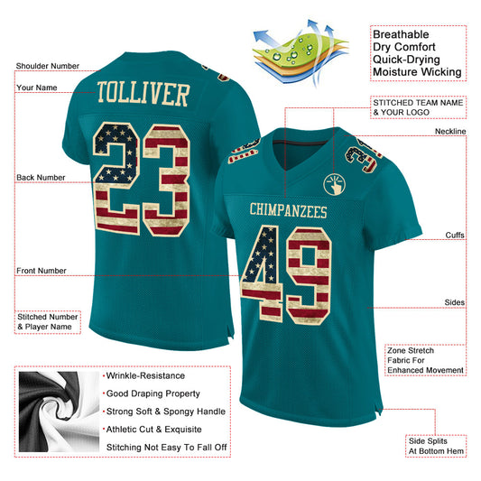 Custom Teal Vintage USA Flag-City Cream Mesh Authentic Football Jersey - Sky-Custom