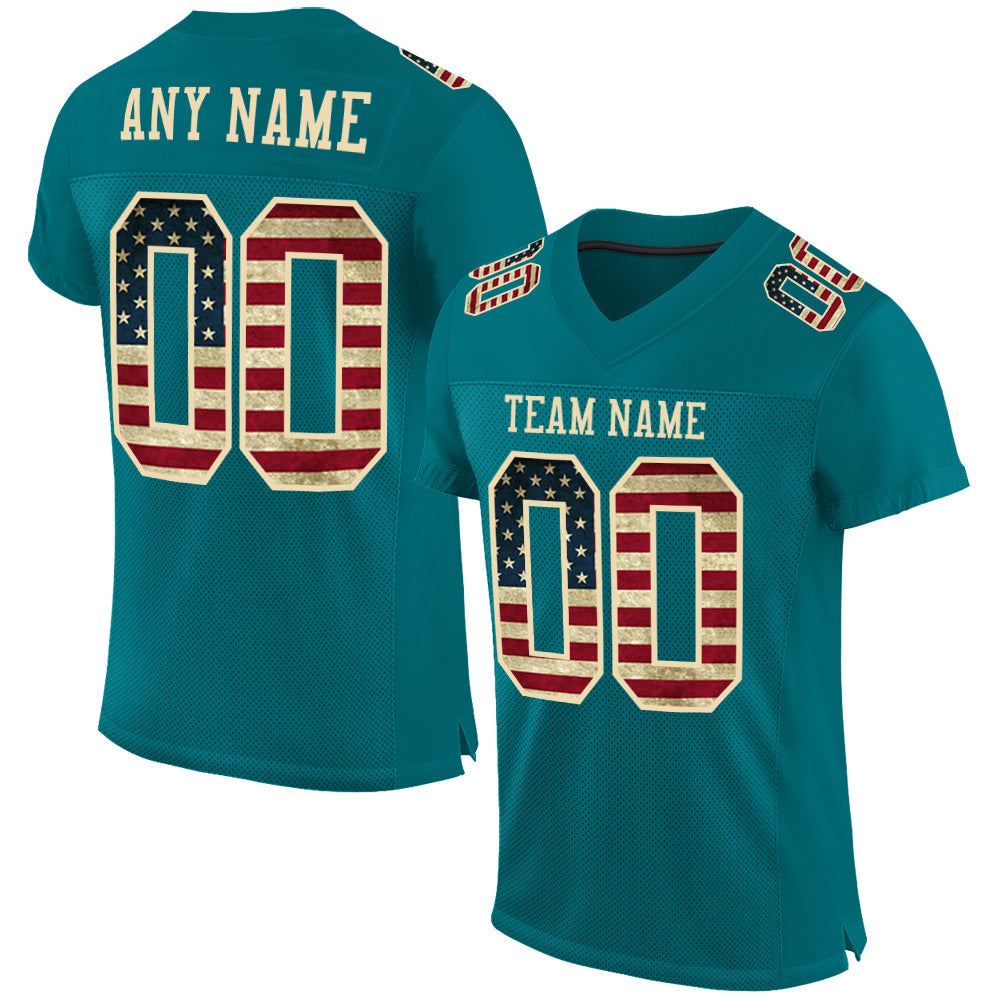 Custom Teal Vintage USA Flag-City Cream Mesh Authentic Football Jersey - Sky-Custom