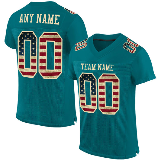 Custom Teal Vintage USA Flag-City Cream Mesh Authentic Football Jersey - Sky-Custom