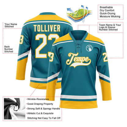 Custom Teal White-Gold Hockey Lace Neck Jersey - Sky-Custom