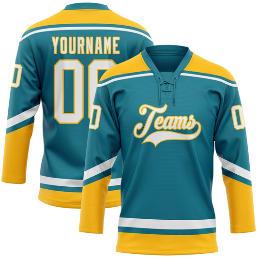 Custom Teal White-Gold Hockey Lace Neck Jersey - Sky-Custom