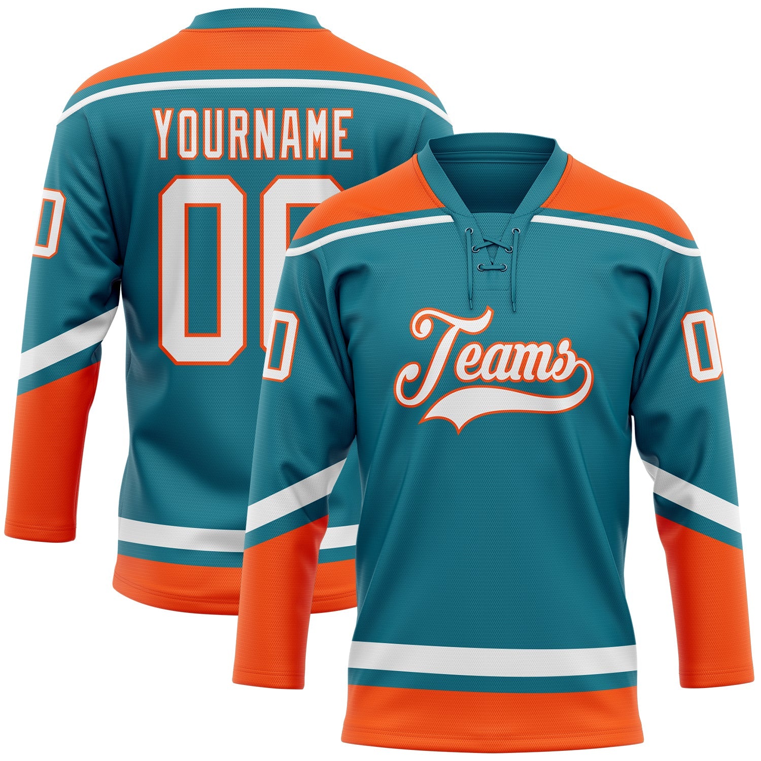 Custom Teal White-Orange Hockey Lace Neck Jersey - Sky-Custom