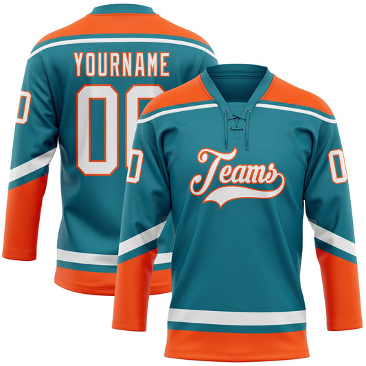 Custom Teal White-Orange Hockey Lace Neck Jersey - Sky-Custom