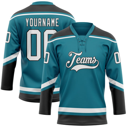 Custom Teal White-Black Hockey Lace Neck Jersey - Sky-Custom