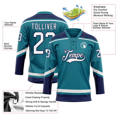 Custom Teal White-Navy Hockey Lace Neck Jersey - Sky-Custom