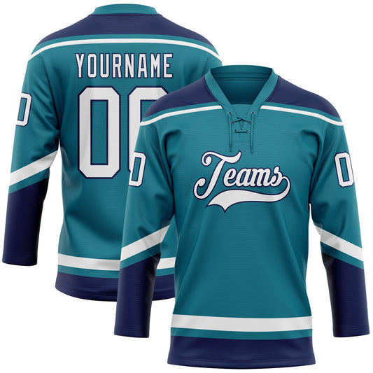 Custom Teal White-Navy Hockey Lace Neck Jersey - Sky-Custom