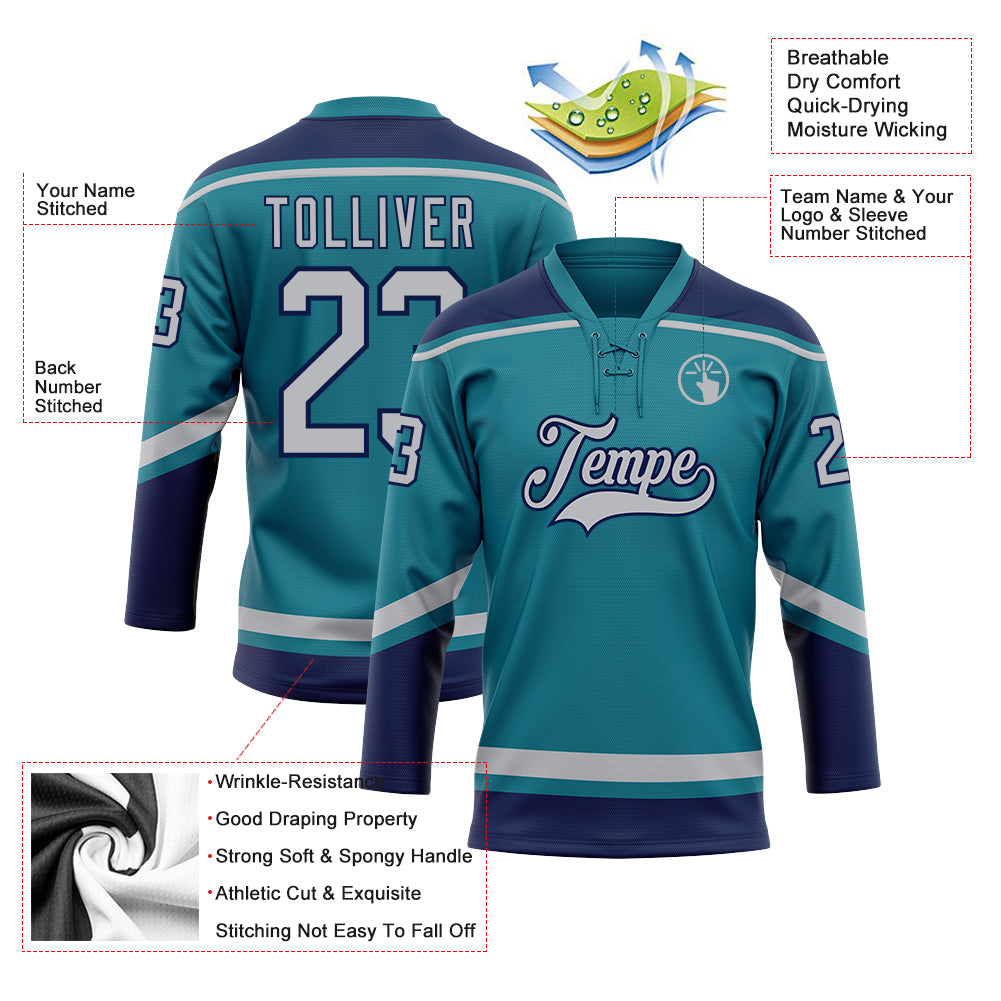 Custom Teal Gray-Navy Hockey Lace Neck Jersey - Sky-Custom