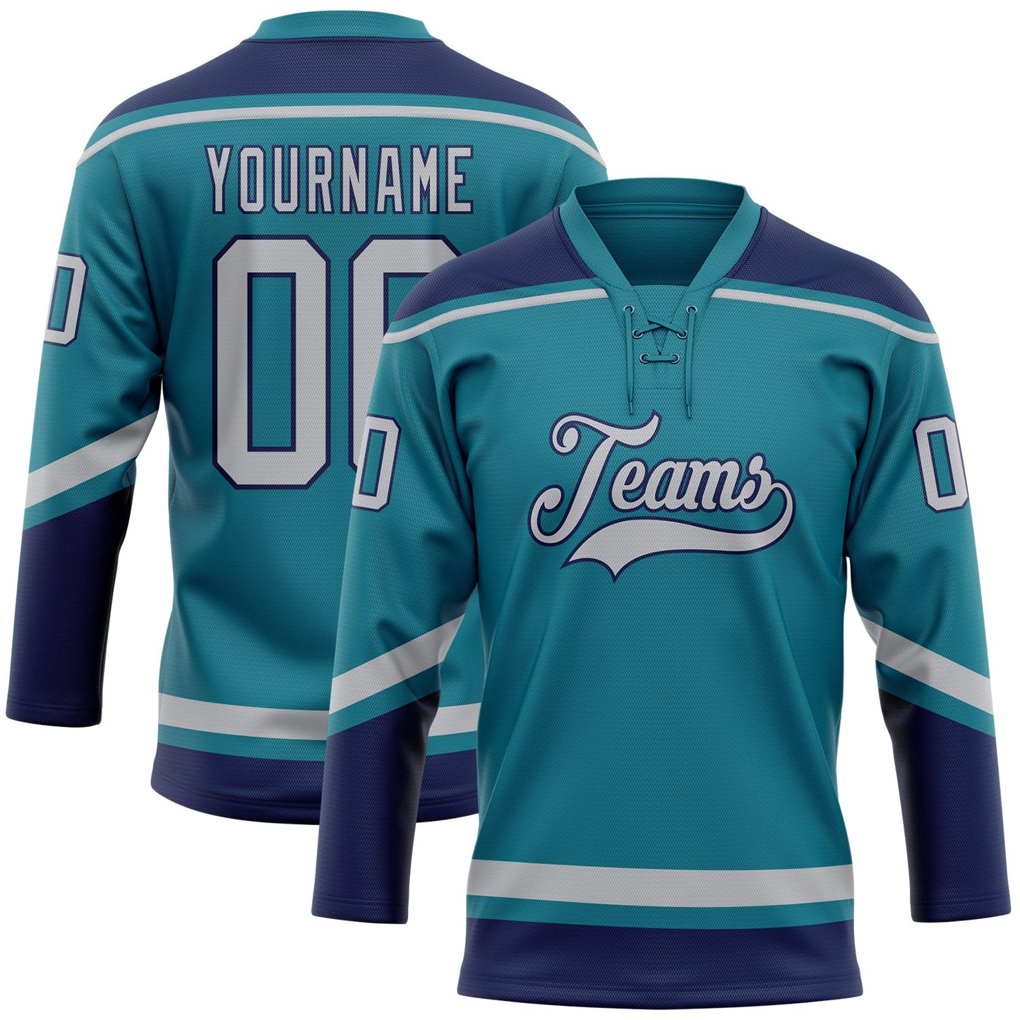 Custom Teal Gray-Navy Hockey Lace Neck Jersey - Sky-Custom