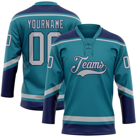 Custom Teal Gray-Navy Hockey Lace Neck Jersey - Sky-Custom