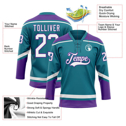 Custom Teal White-Purple Hockey Lace Neck Jersey - Sky-Custom