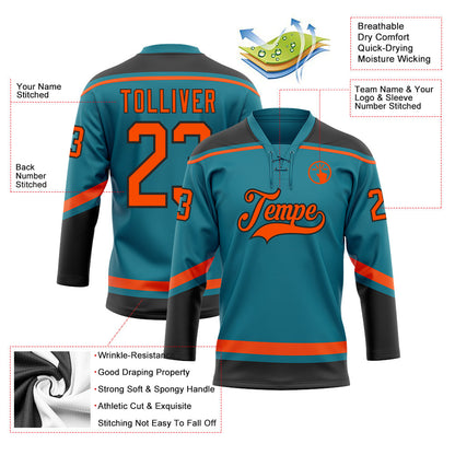 Custom Teal Orange-Black Hockey Lace Neck Jersey - Sky-Custom