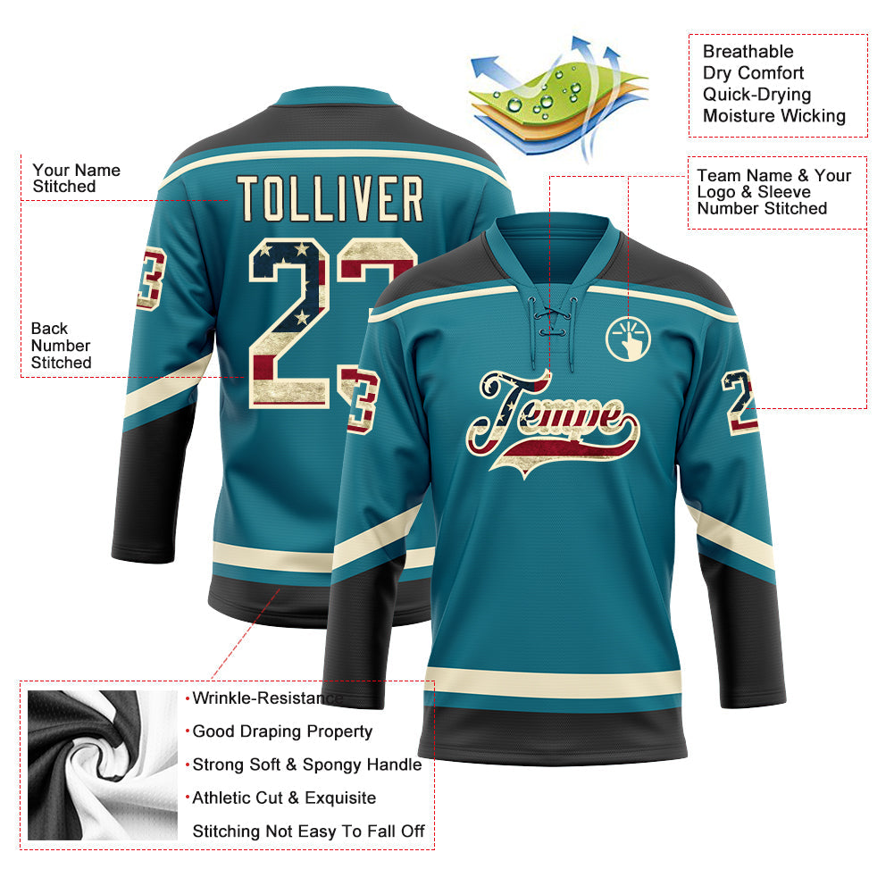 Custom Teal Vintage USA Flag Cream-Black Hockey Lace Neck Jersey - Sky-Custom