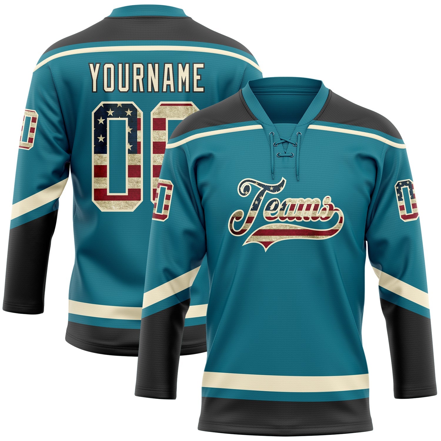 Custom Teal Vintage USA Flag Cream-Black Hockey Lace Neck Jersey - Sky-Custom