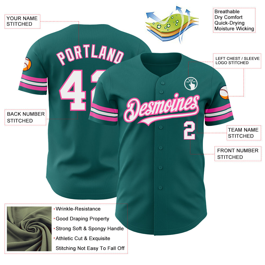 Custom Teal White-Pink Authentic Baseball Jersey - Sky-Custom