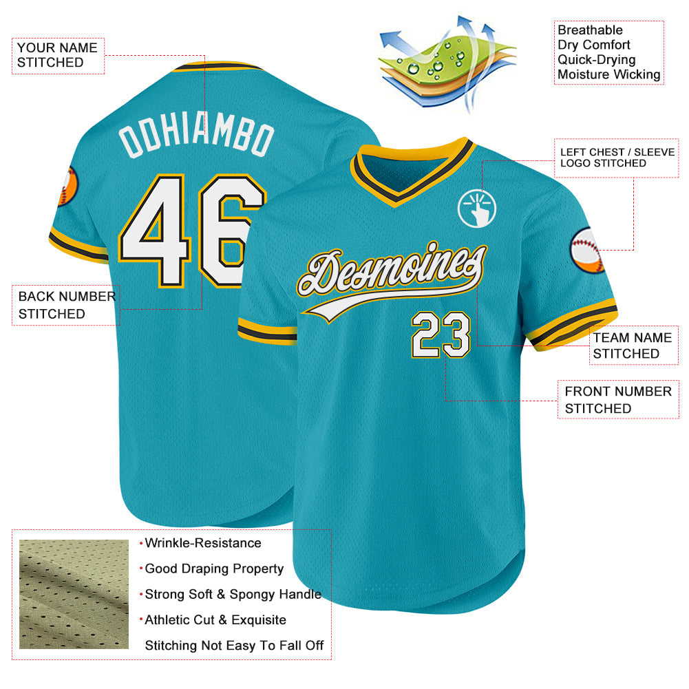Custom Teal Black-Gold Authentic Throwback Baseball Jersey - Sky-Custom