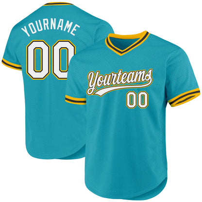 Custom Teal Black-Gold Authentic Throwback Baseball Jersey - Sky-Custom