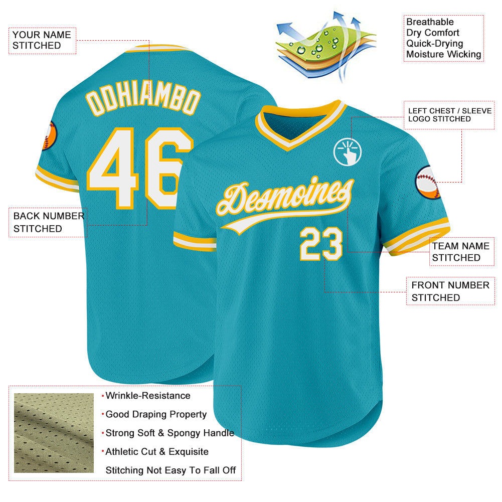 Custom Teal White-Gold Authentic Throwback Baseball Jersey - Sky-Custom