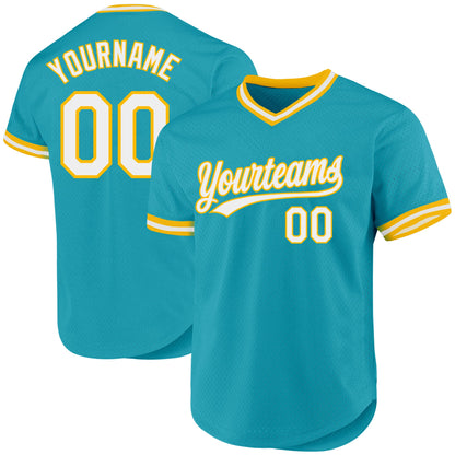 Custom Teal White-Gold Authentic Throwback Baseball Jersey - Sky-Custom