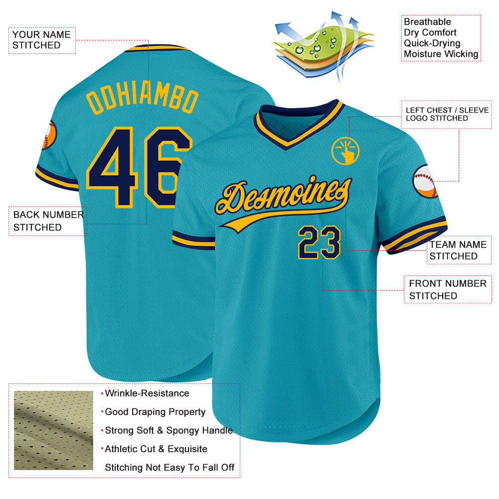 Custom Teal Navy-Gold Authentic Throwback Baseball Jersey - Sky-Custom