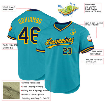 Custom Teal Navy-Gold Authentic Throwback Baseball Jersey - Sky-Custom