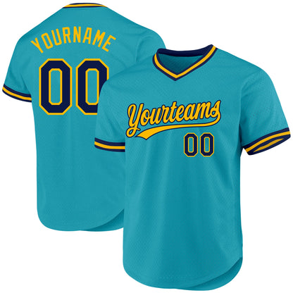 Custom Teal Navy-Gold Authentic Throwback Baseball Jersey - Sky-Custom