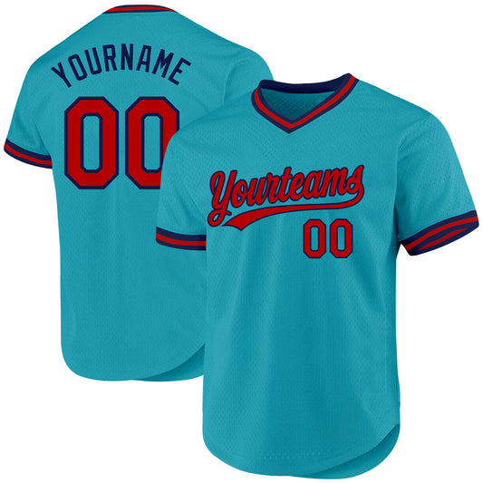 Custom Teal Red-Navy Authentic Throwback Baseball Jersey - Sky-Custom