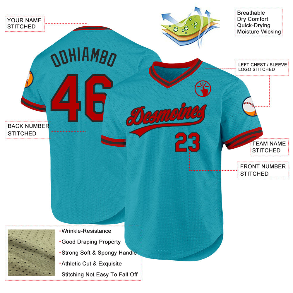 Custom Teal Red-Black Authentic Throwback Baseball Jersey - Sky-Custom