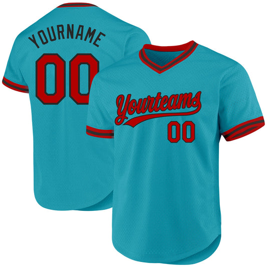 Custom Teal Red-Black Authentic Throwback Baseball Jersey - Sky-Custom