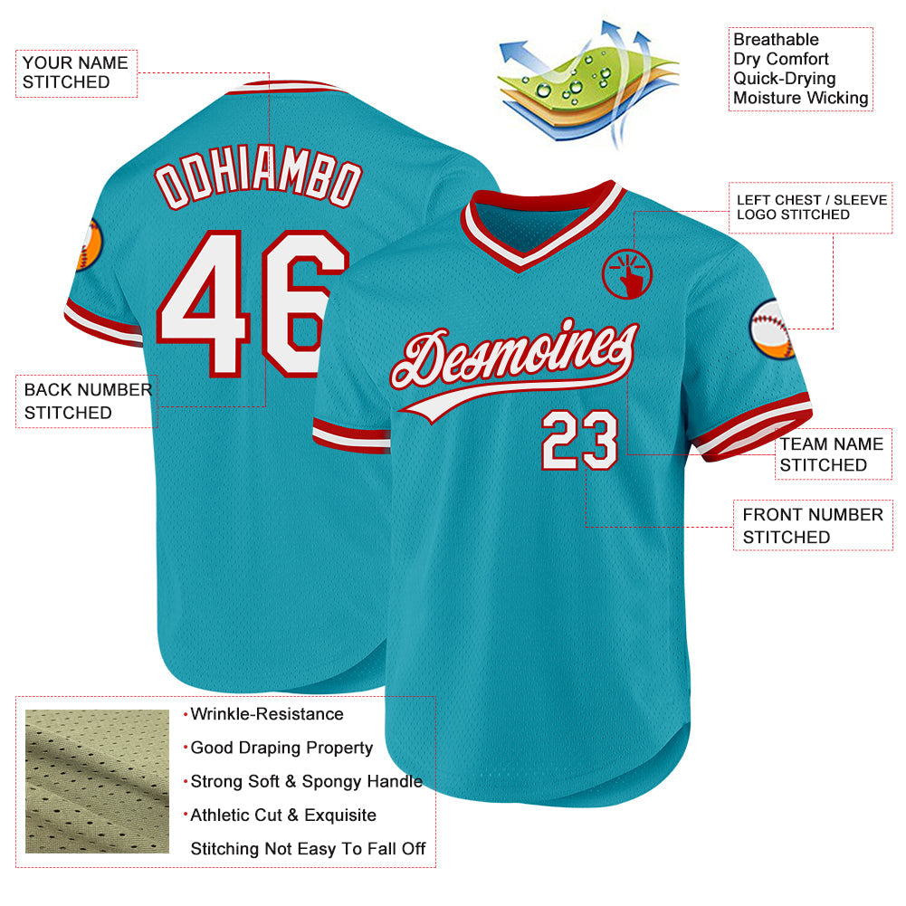 Custom Teal White-Red Authentic Throwback Baseball Jersey - Sky-Custom
