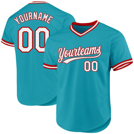 Custom Teal White-Red Authentic Throwback Baseball Jersey - Sky-Custom