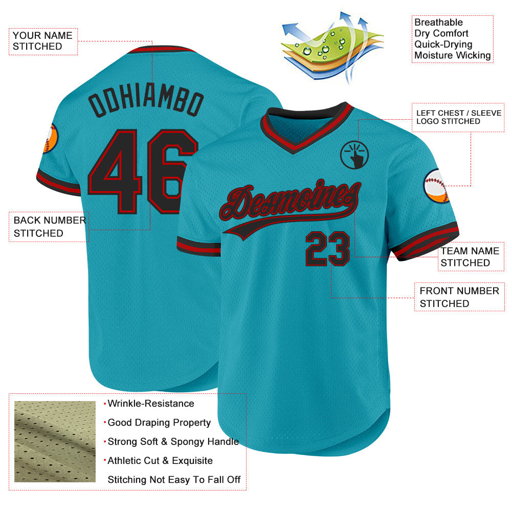 Custom Teal Black-Red Authentic Throwback Baseball Jersey - Sky-Custom