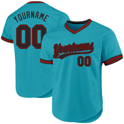 Custom Teal Black-Red Authentic Throwback Baseball Jersey - Sky-Custom