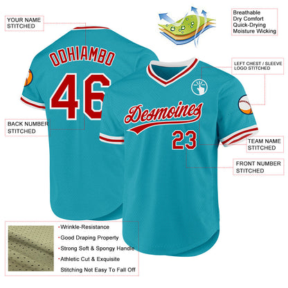 Custom Teal Red-White Authentic Throwback Baseball Jersey - Sky-Custom