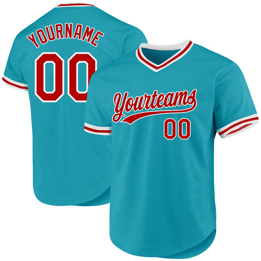 Custom Teal Red-White Authentic Throwback Baseball Jersey - Sky-Custom