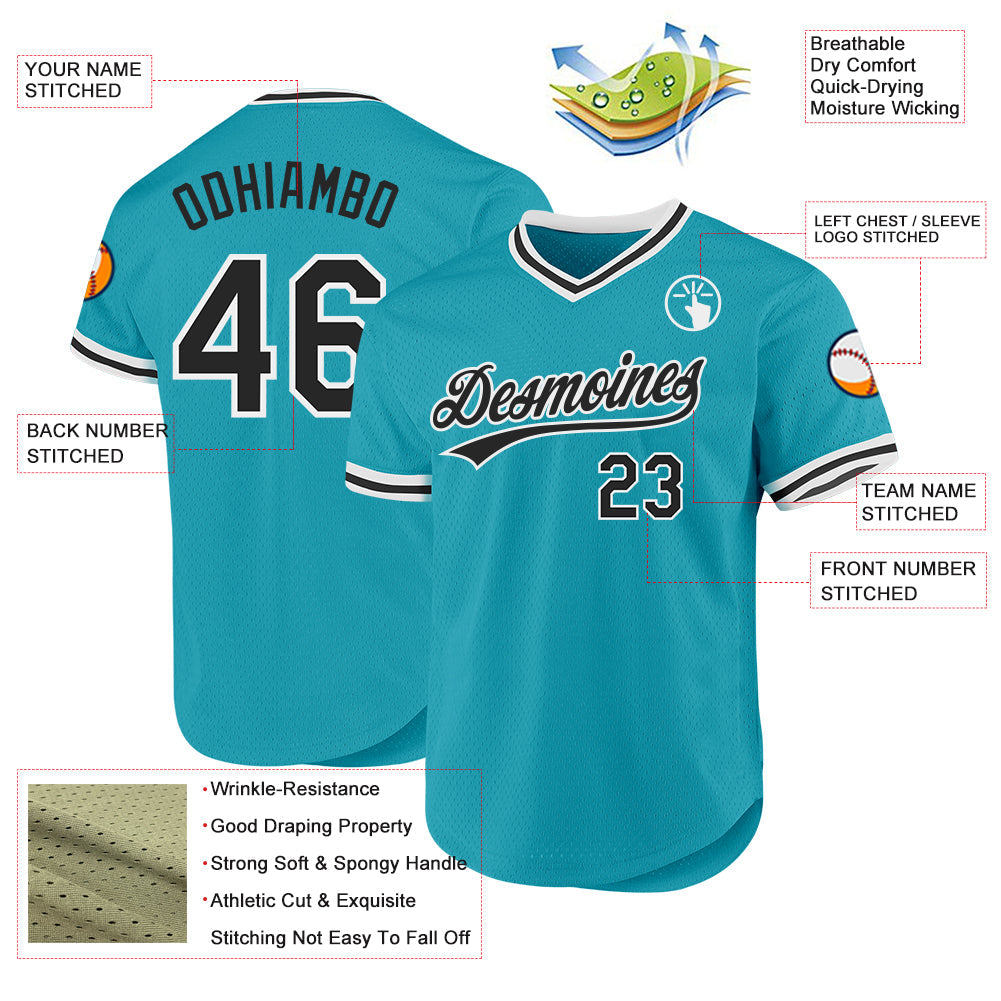 Custom Teal Black-White Authentic Throwback Baseball Jersey - Sky-Custom