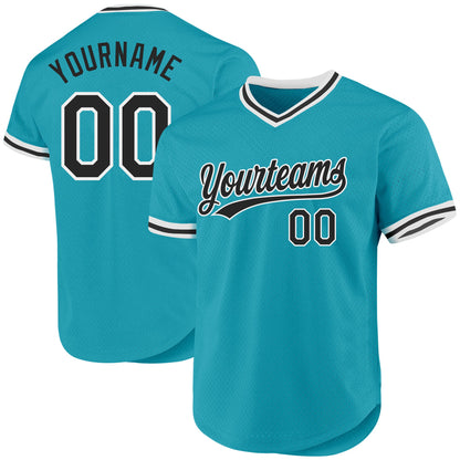 Custom Teal Black-White Authentic Throwback Baseball Jersey - Sky-Custom